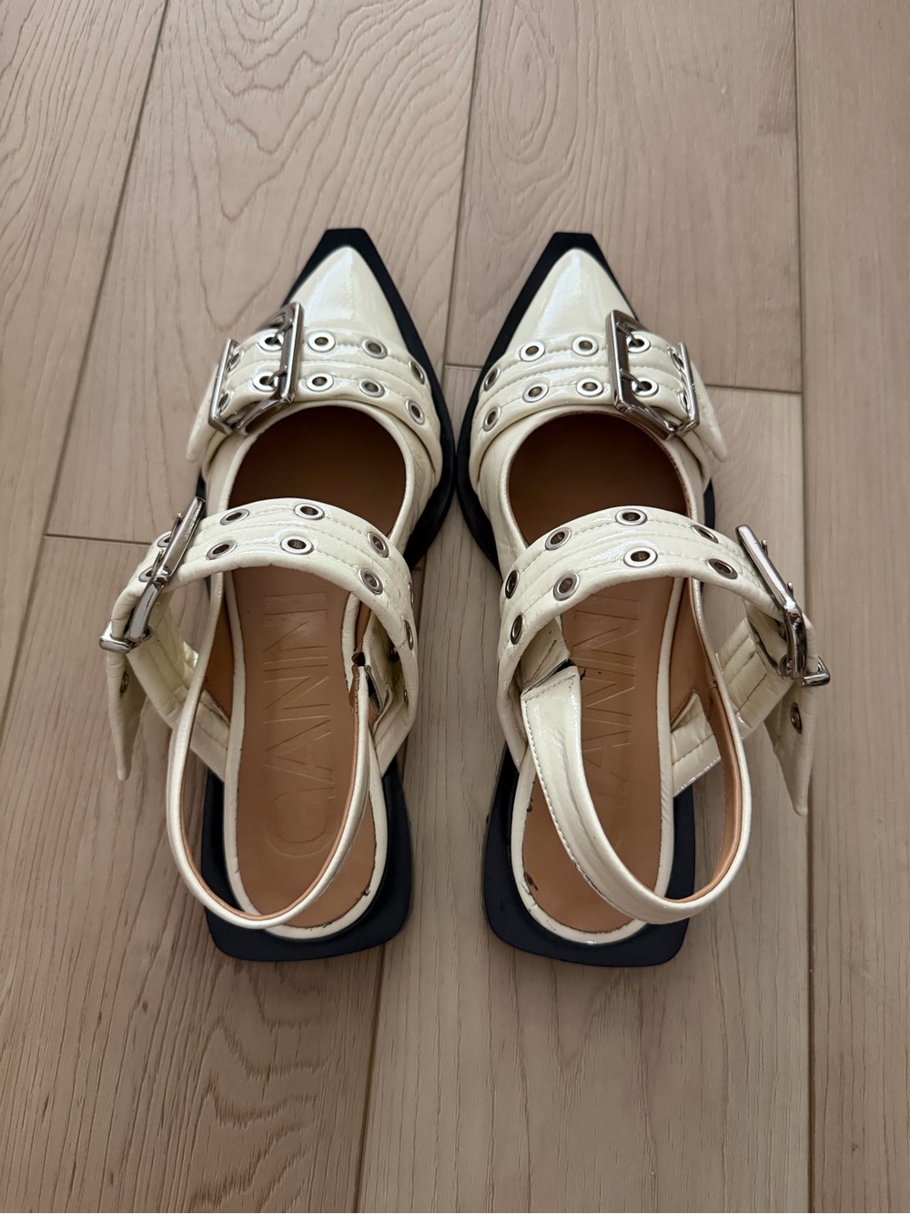 Ganni Egret Pointed Toe Buckle Ballerinas
